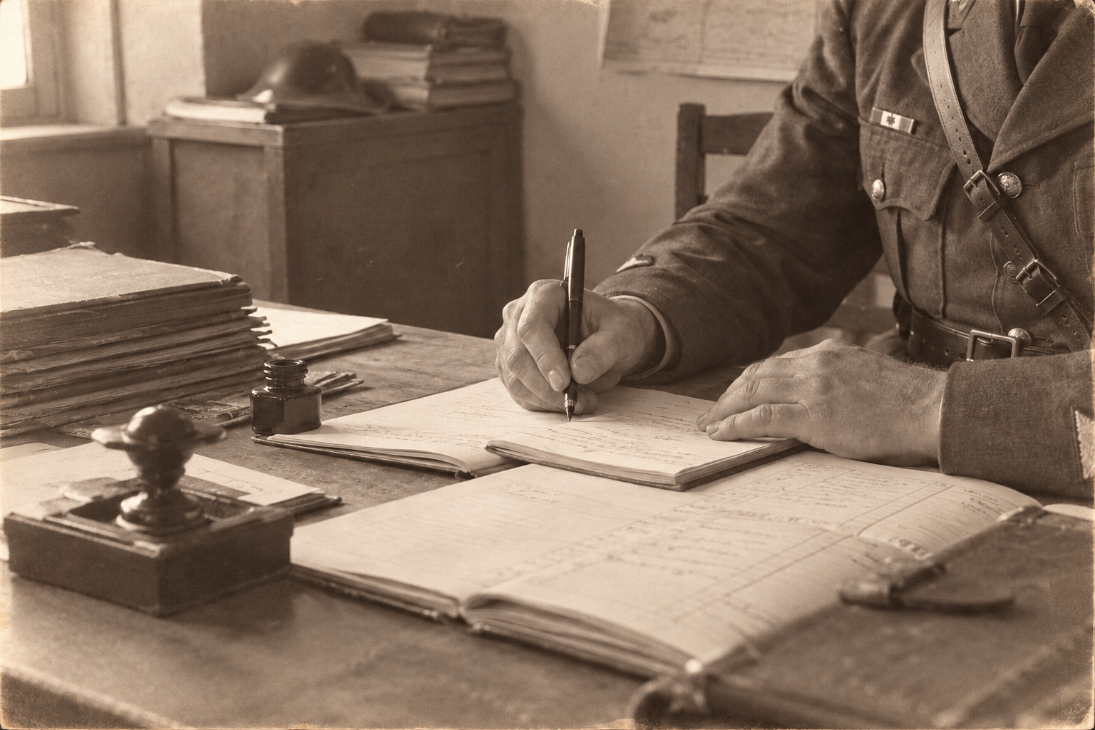 Le mani di un militare scrivono su un foglio, tra registri e documenti d’ufficio.