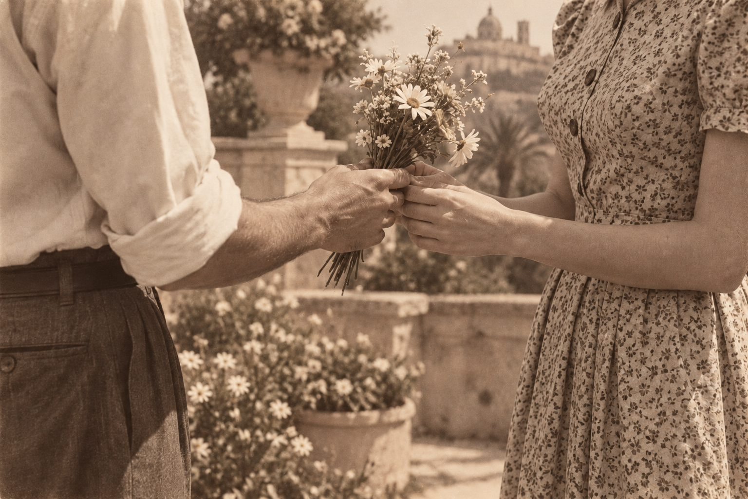 Un uomo porge un mazzo di fiori a una donna in un giardino.