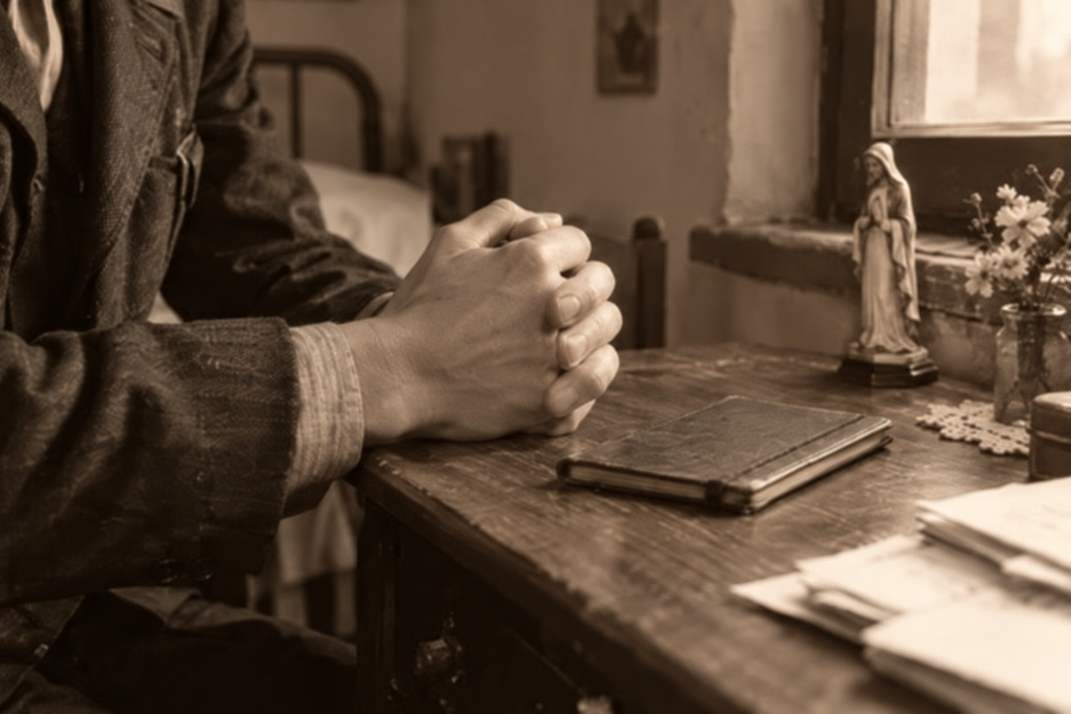 Mani giunte in preghiera davanti a un libro chiuso e a una piccola statua della Madonna.