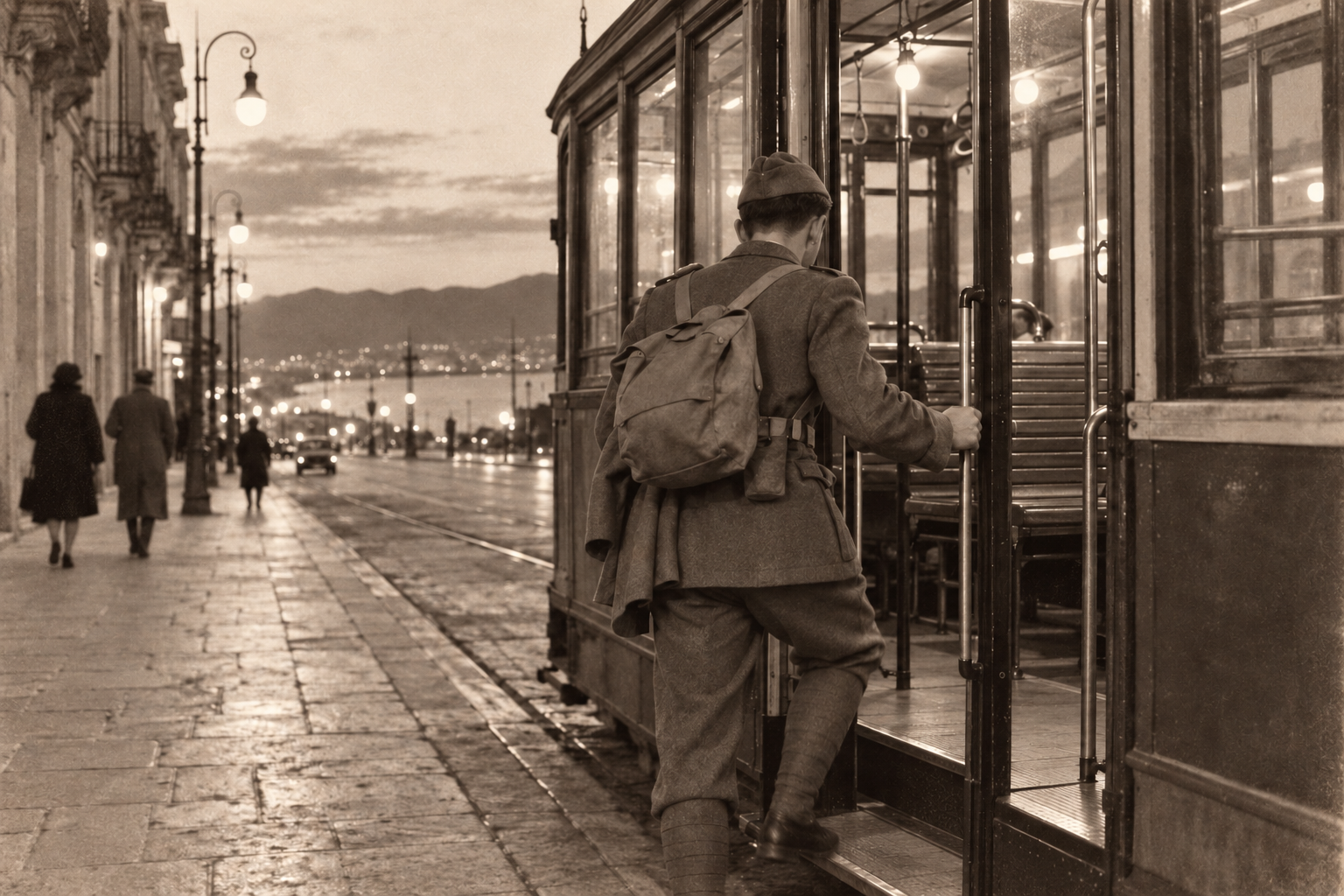 Un militare con lo zaino sale su un tram lungo una strada bagnata.