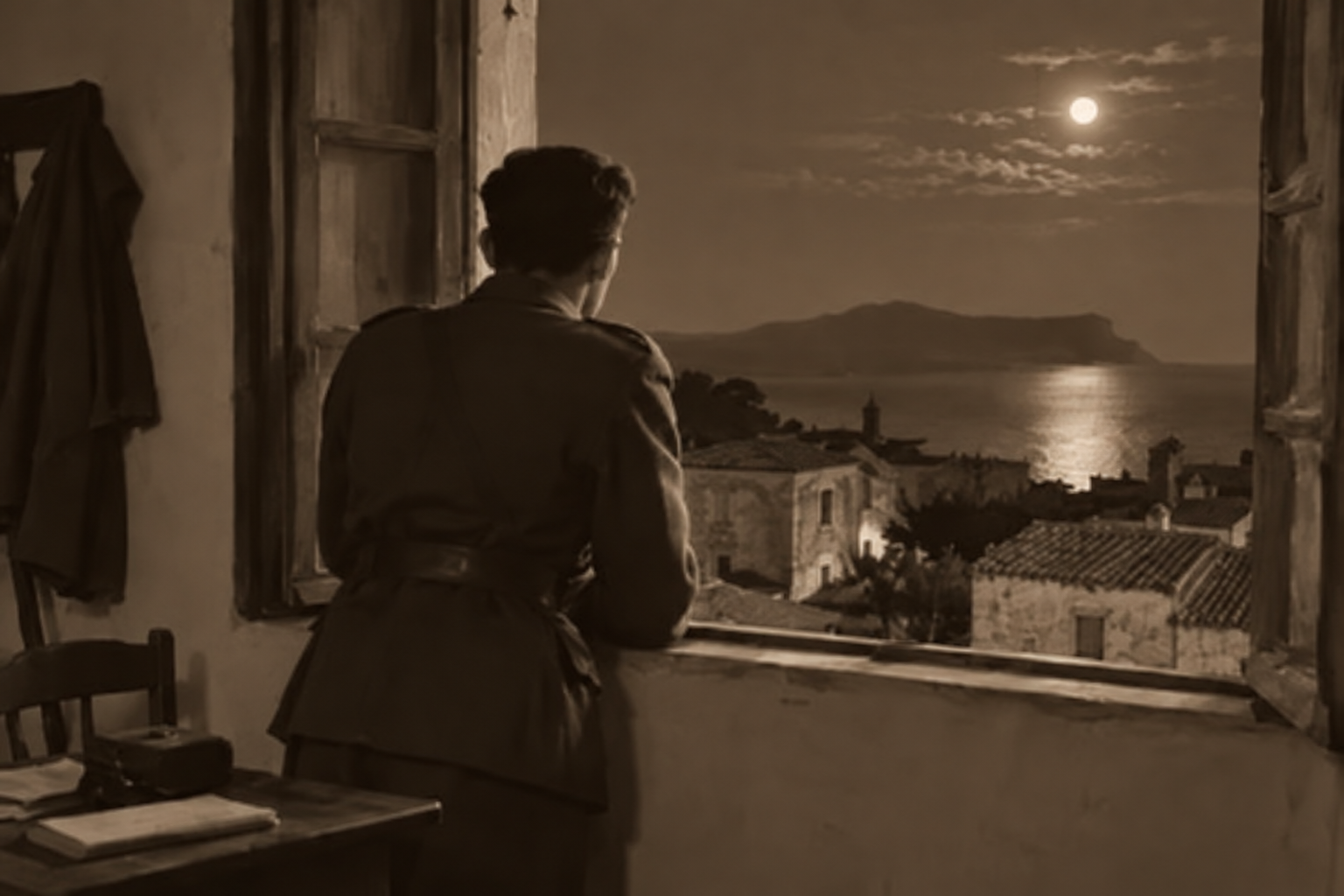 Un militare di spalle guarda dalla finestra una città sul mare illuminata dalla luna.