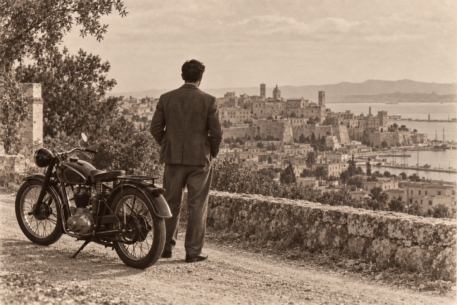 Un uomo di spalle accanto a una motocicletta osserva il panorama della città e del porto.