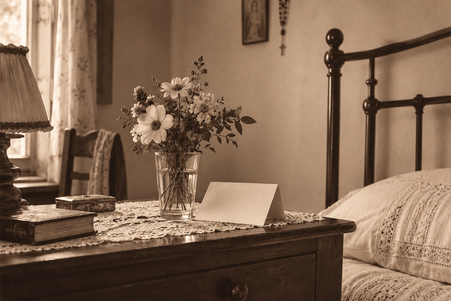 Camera da letto vuota con comodino, lampada e un piccolo vaso di fiori.