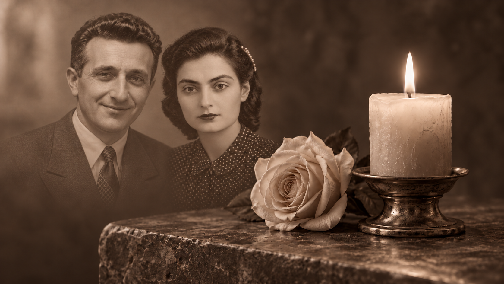 Ritratto di Giovanni e Anna accanto a una rosa e a una candela accesa.