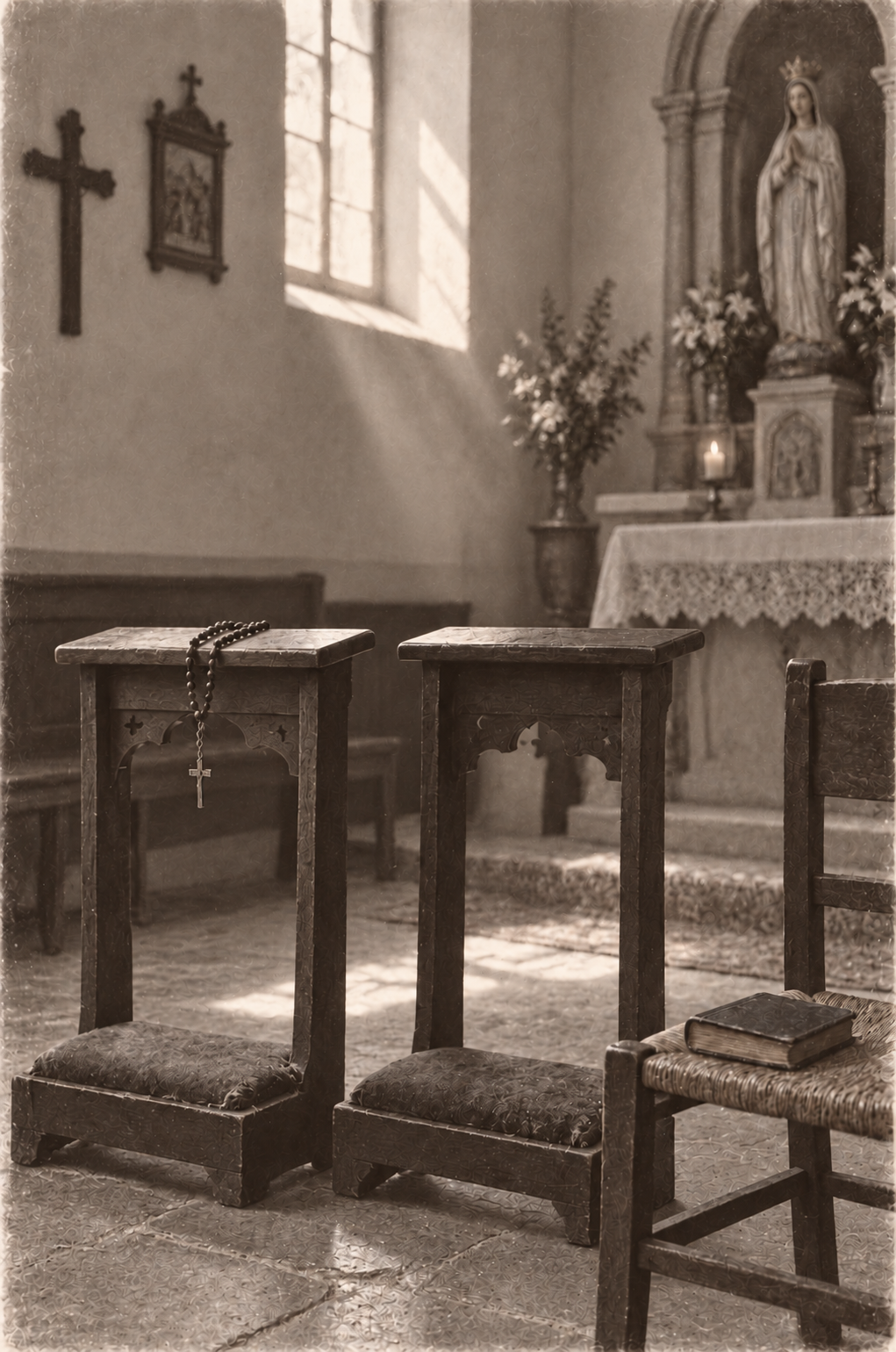 Cappella con inginocchiatoi, un rosario e una statua della Madonna.