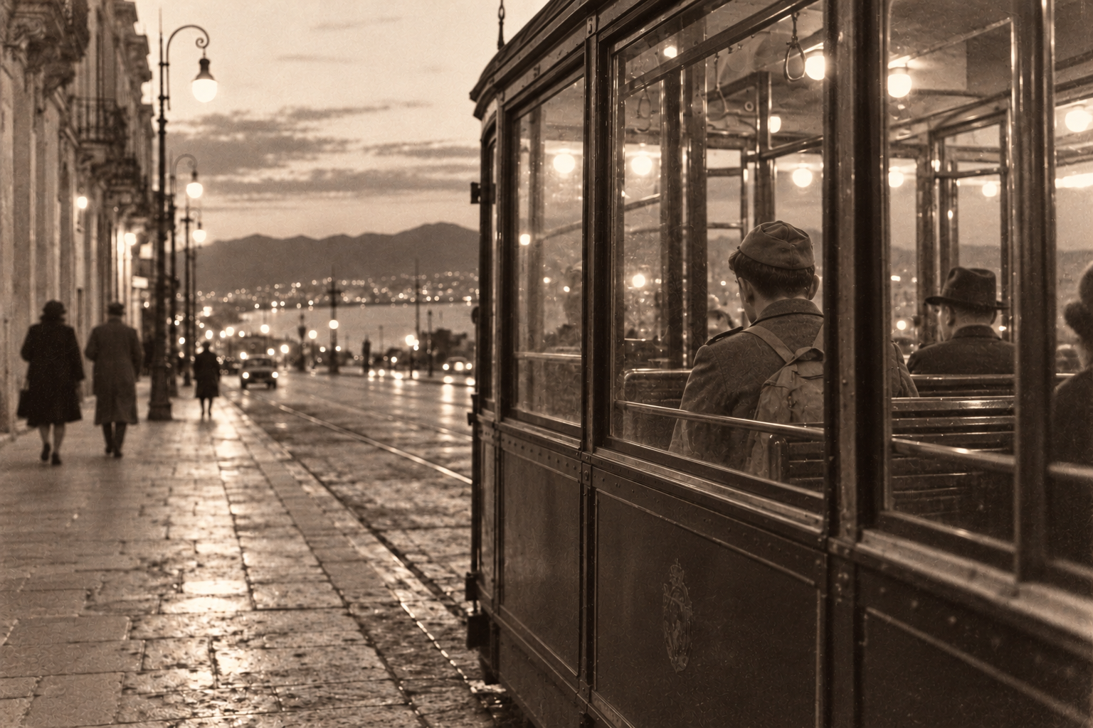 Un militare seduto su un tram d’epoca guarda la strada al tramonto.