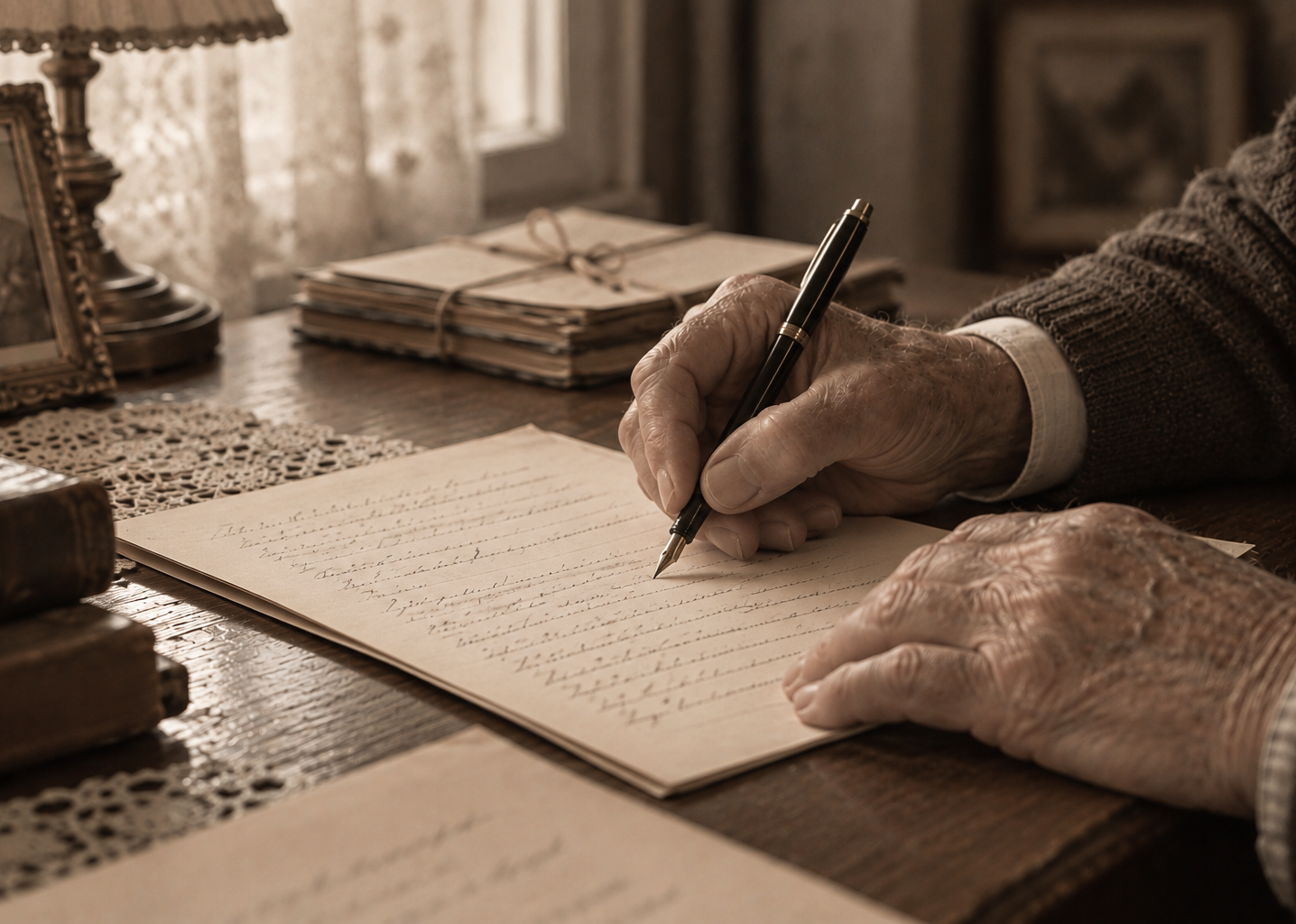 Mani anziane scrivono con una penna su un foglio manoscritto.