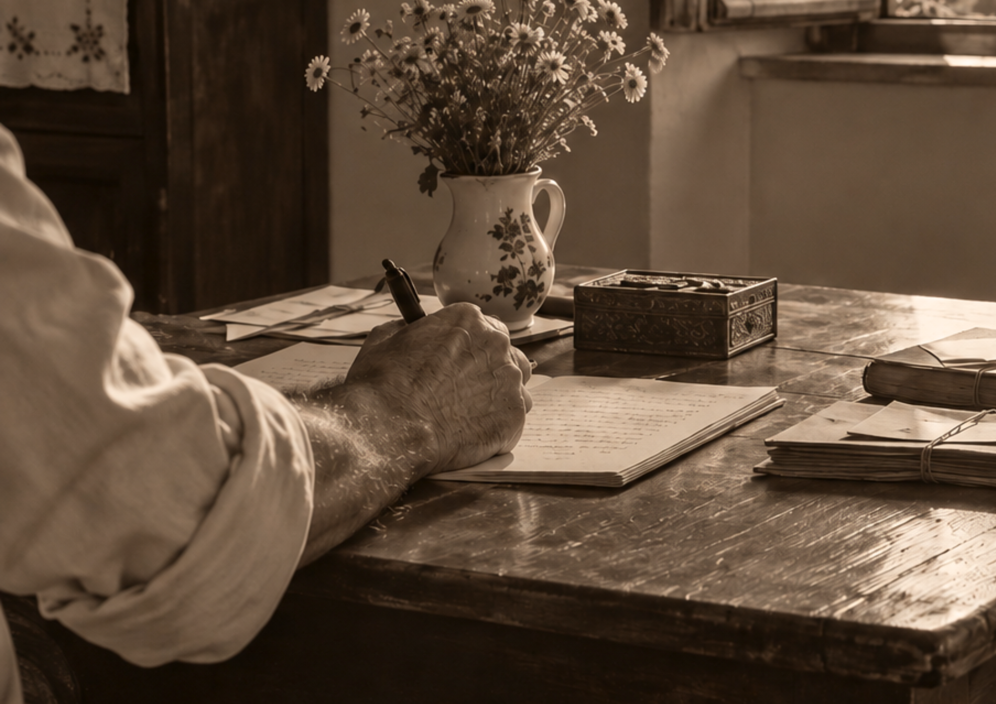 Una persona scrive su un quaderno al tavolo, accanto a documenti e a un vaso di fiori.