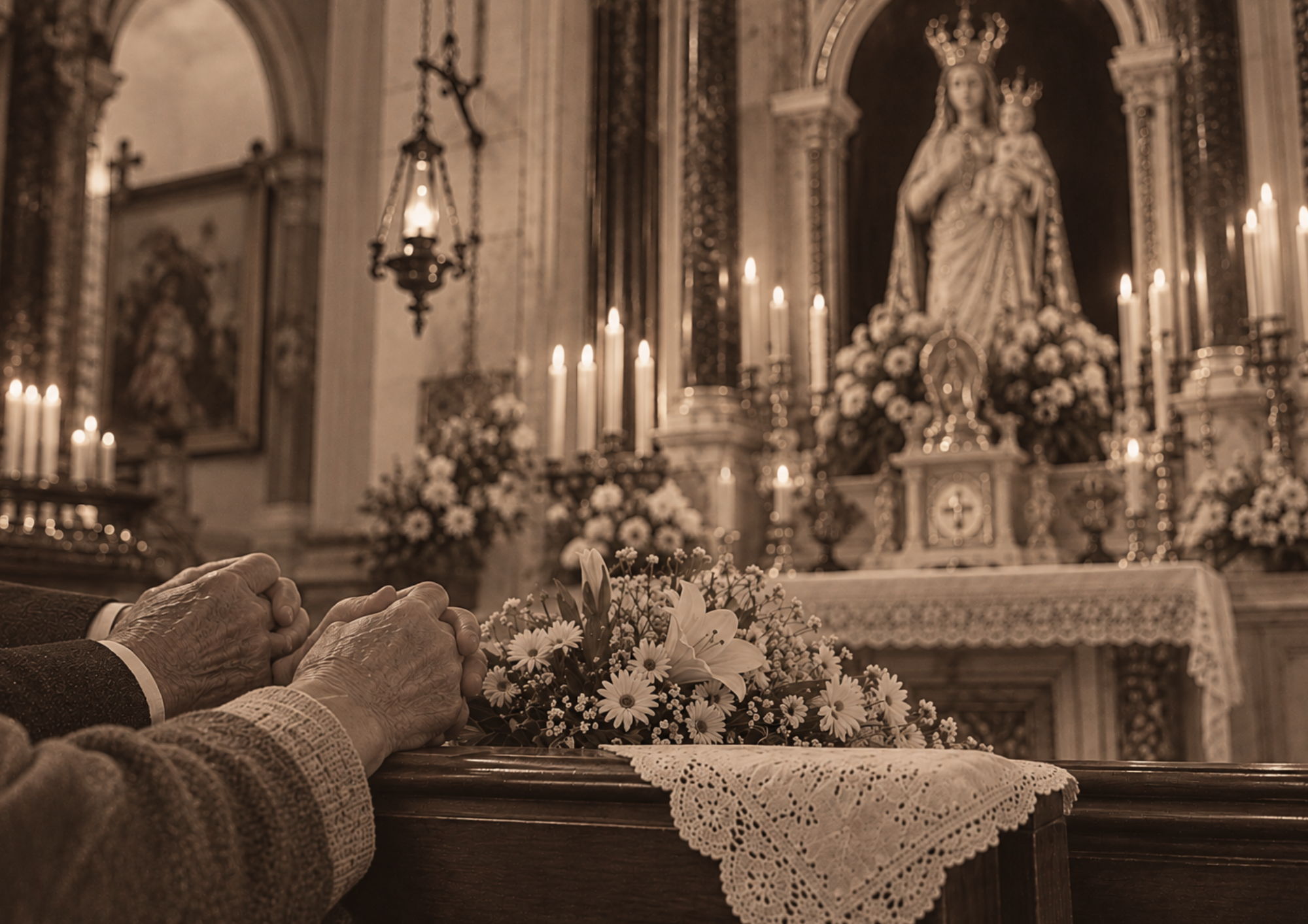 Mani anziane raccolte sul rosario davanti a un altare con candele e fiori.