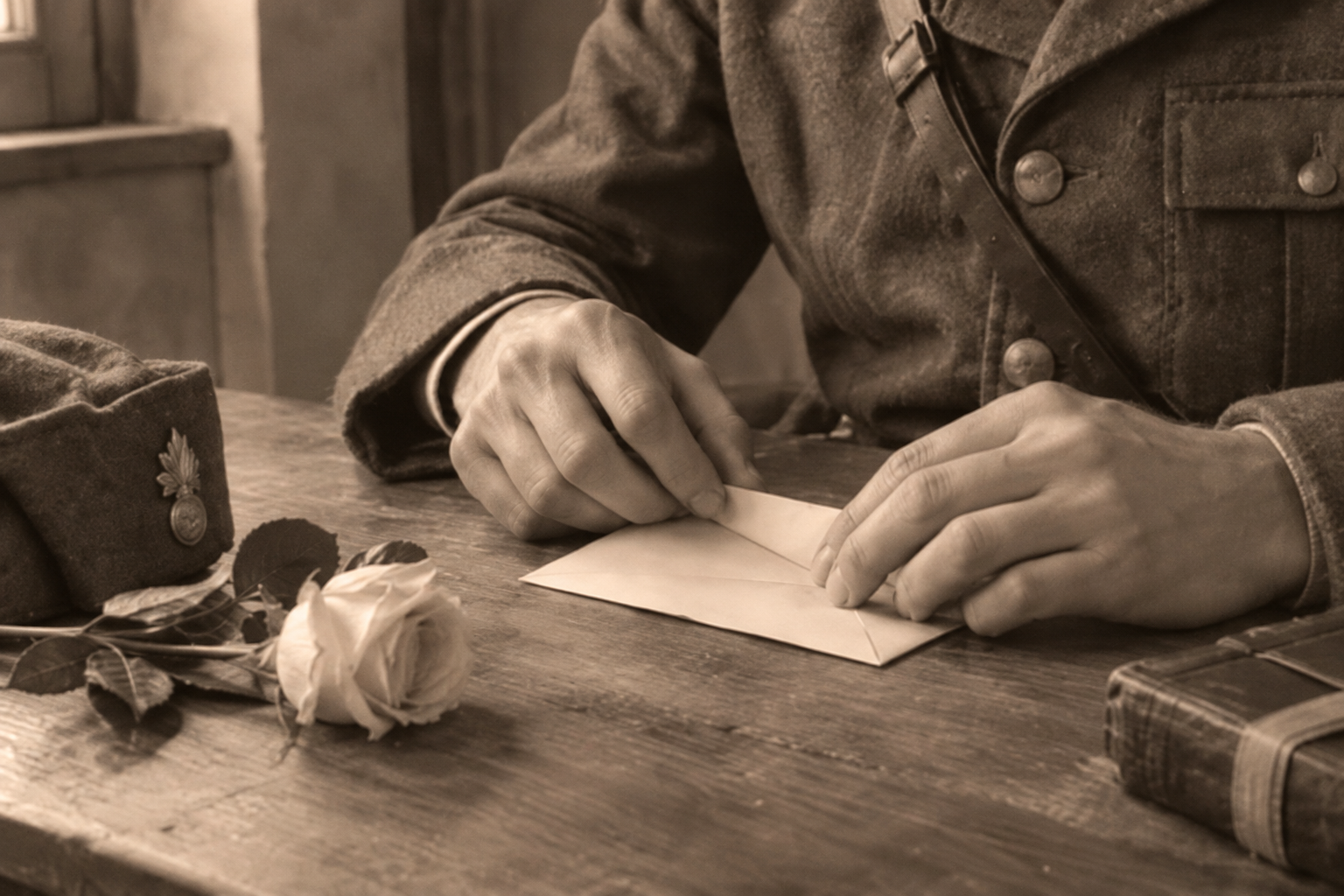 Un militare scrive una lettera al tavolo, accanto a una rosa.