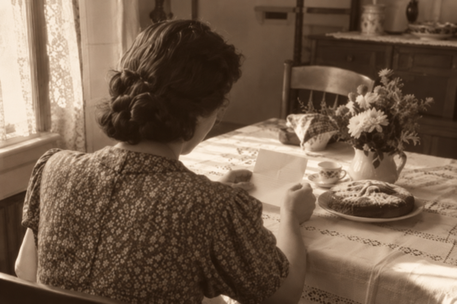 Una donna seduta al tavolo legge una lettera accanto a un vaso di fiori.